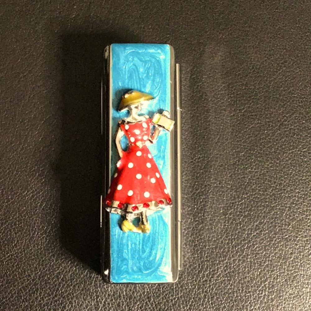 Mirrored vintage lip stick case with 3-D polka dot dressed lady decoration